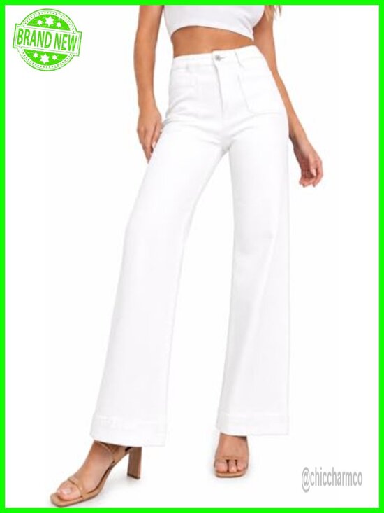 Denim - High Waisted Stretch Wide Leg Jeans Casual Fit Tummy Control